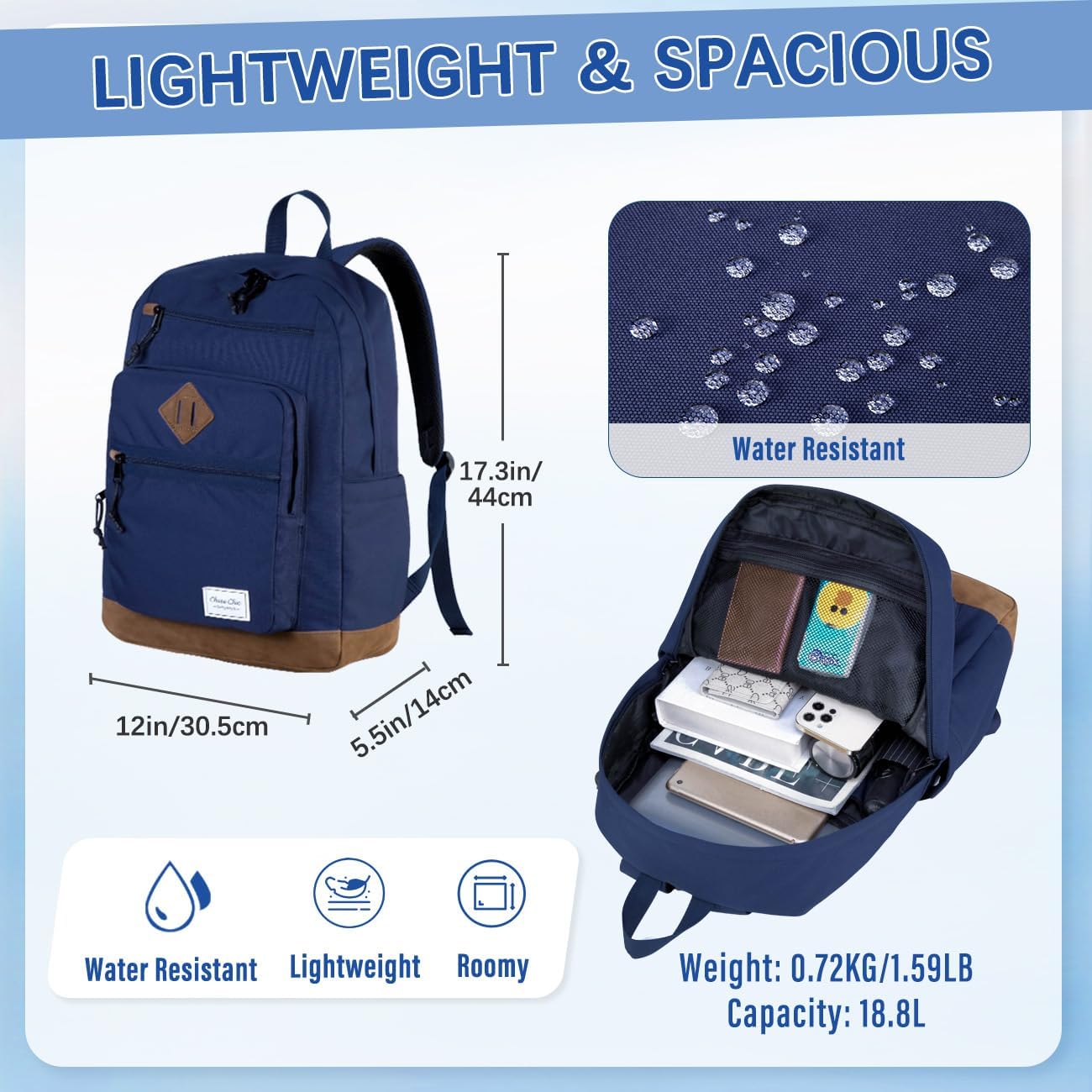 Chase Chic School Backpack for Men Women,Water Resistant Bookbag/Schoolbag/Daypack for Teen Boys Girls High School,College,Work,Travel Blue