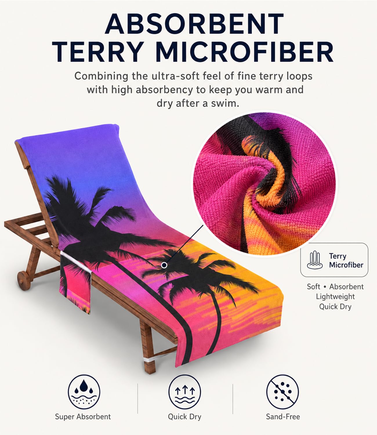 Highdi Housse de Chaise de Plage 3D Couverture de Serviette de Chaise Longue avec Poche Housse de Serviette de Chaise Longue en Microfibre pour Piscine, Bain de Soleil (75x210cm,Crépuscule)