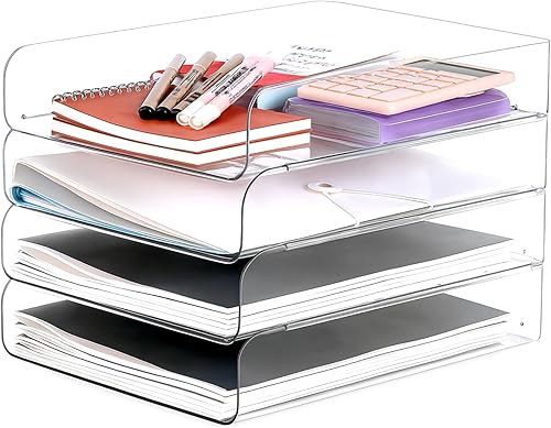 Juego de 4 organizadores y almacenamiento de oficina, organizador de escritorio transparente de PET, organizador de escritorio apilable para