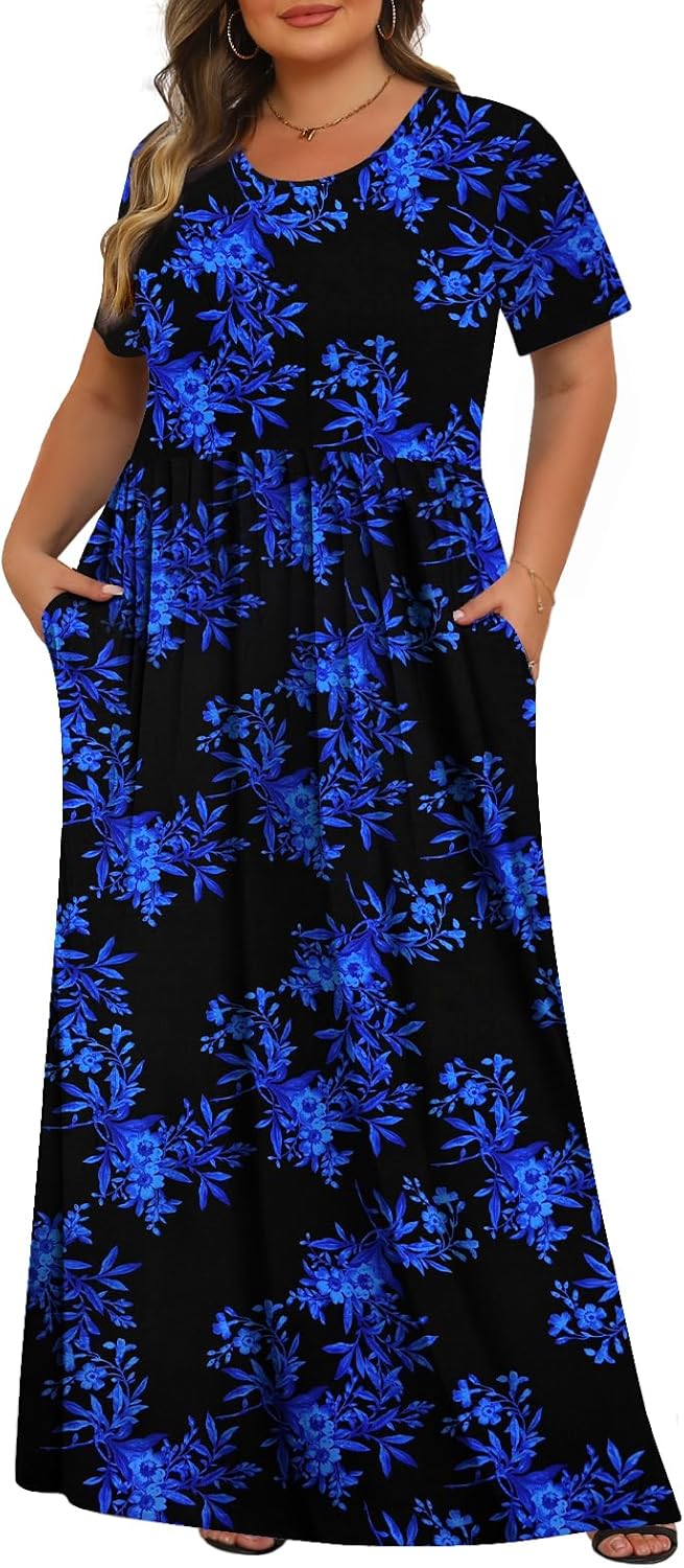 Tencede Womens Plus Size Maxi Dresses Summer 2026 Casual Short Sleeve with Pockets Long Dress 1X-5X