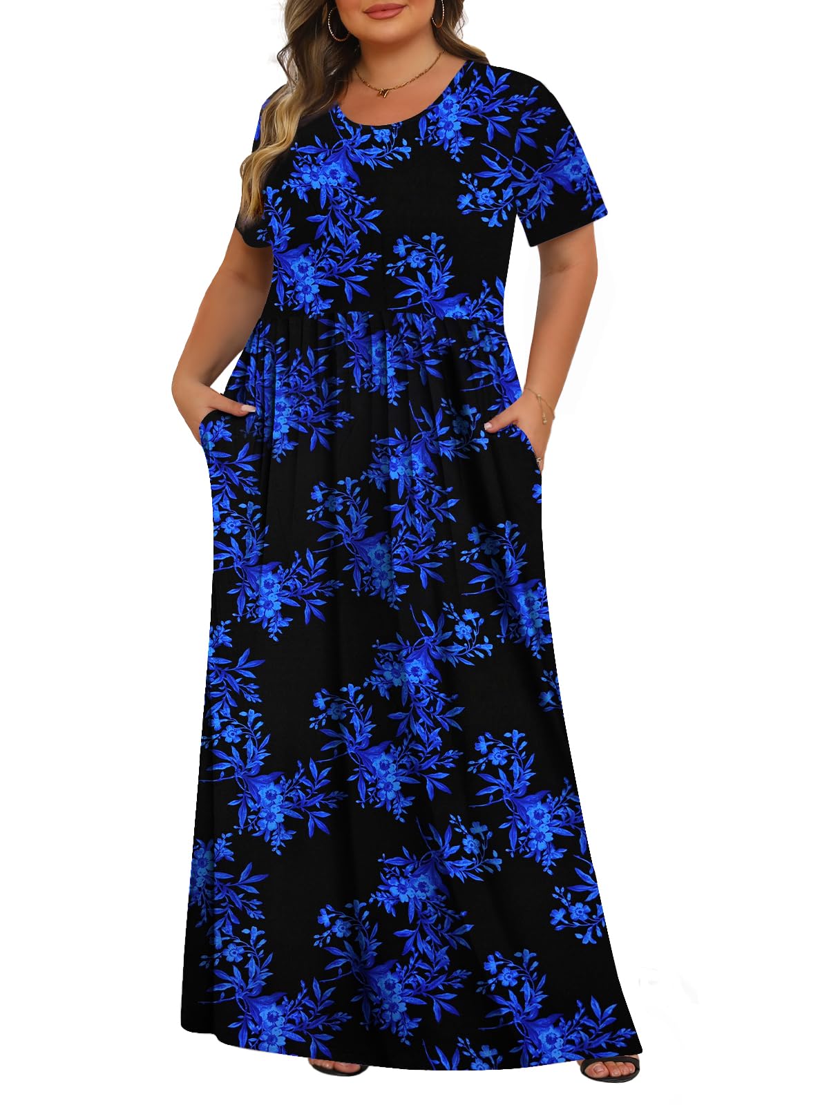 Tencede Womens Plus Size Maxi Dresses Summer 2025 Casual Short Sleeve with Pockets Long Dress 1X-5X