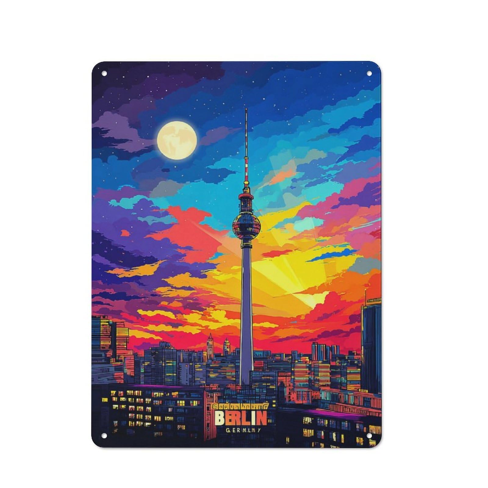 Warehouse Style Tin Wall Sign 40x30cm Featuring Berlin Tower Sunset, Loft Wall Plaque for Loft, Studio, Office Or Creative Room
