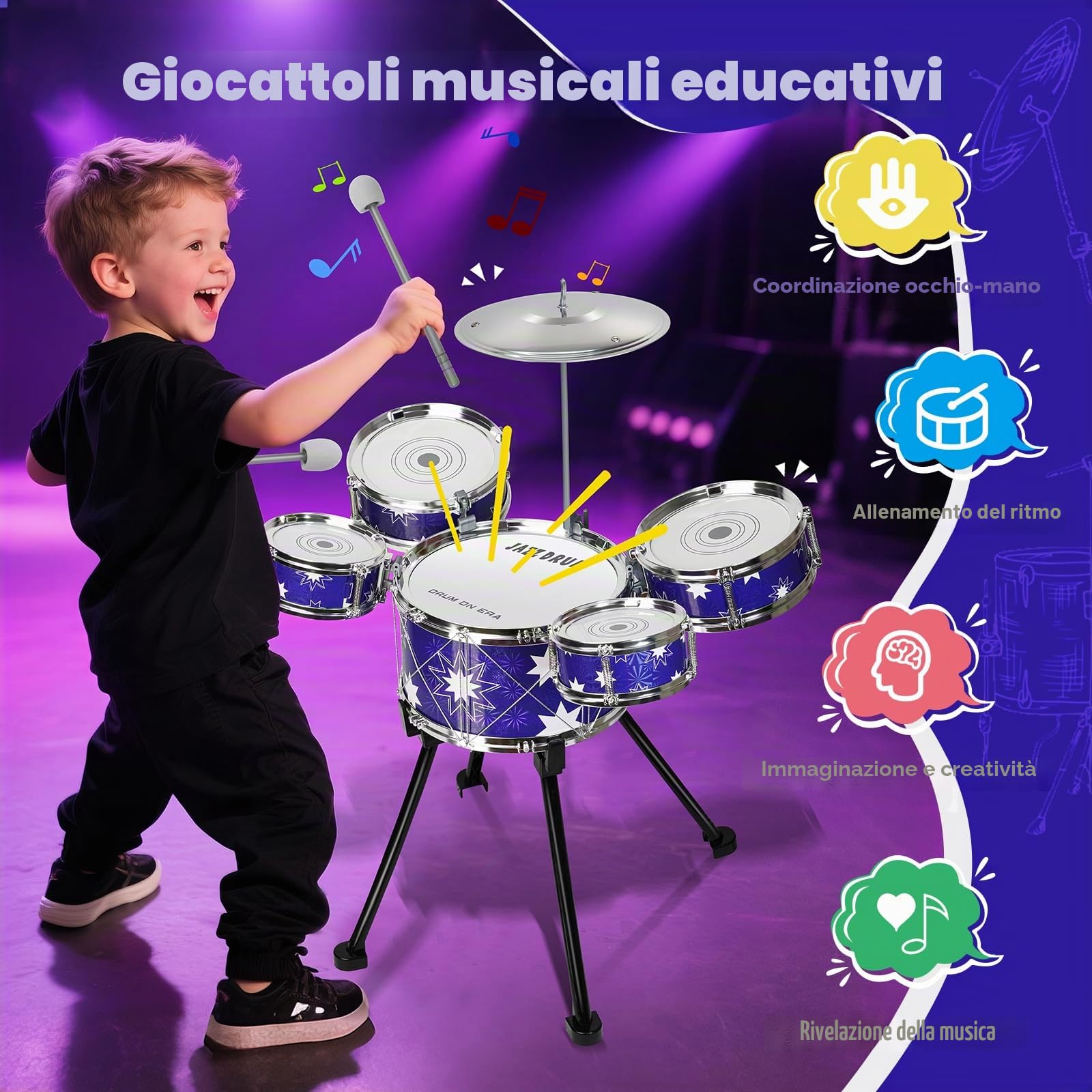 Giocattolo Batteria per Bambini Strumenti Musicali 3+ Anni | Kit Batteria Jazz per Bambini con Sgabello, Giocattolo Musicale per Ragazze Ragazzi di 3 4 5 Anni Regalo