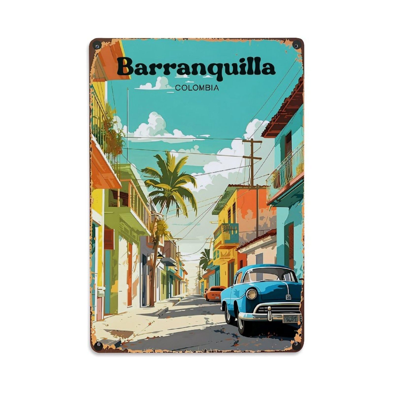 Colorful Street Scene With Vintage Car Retro Metal Tin Sign, Vintage Decor Art Poster for Bar, Home, Man Cave, Kitchen, Laundry Room Gift 8x12Inch