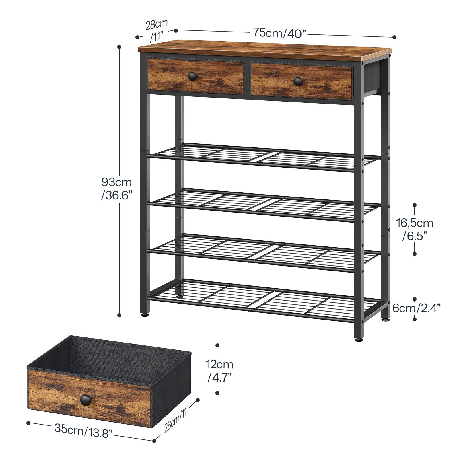 HOOBRO Étagère de Chaussures, Porte-Chaussures Étroit de 75 x 28 x 93 cm avec 2 Tiroirs et 4 Étagères Métalliques, Table d’Entrée, pour Entrée, Couloir, Balcon, Marron Rustique et Noir EBF178XJ01