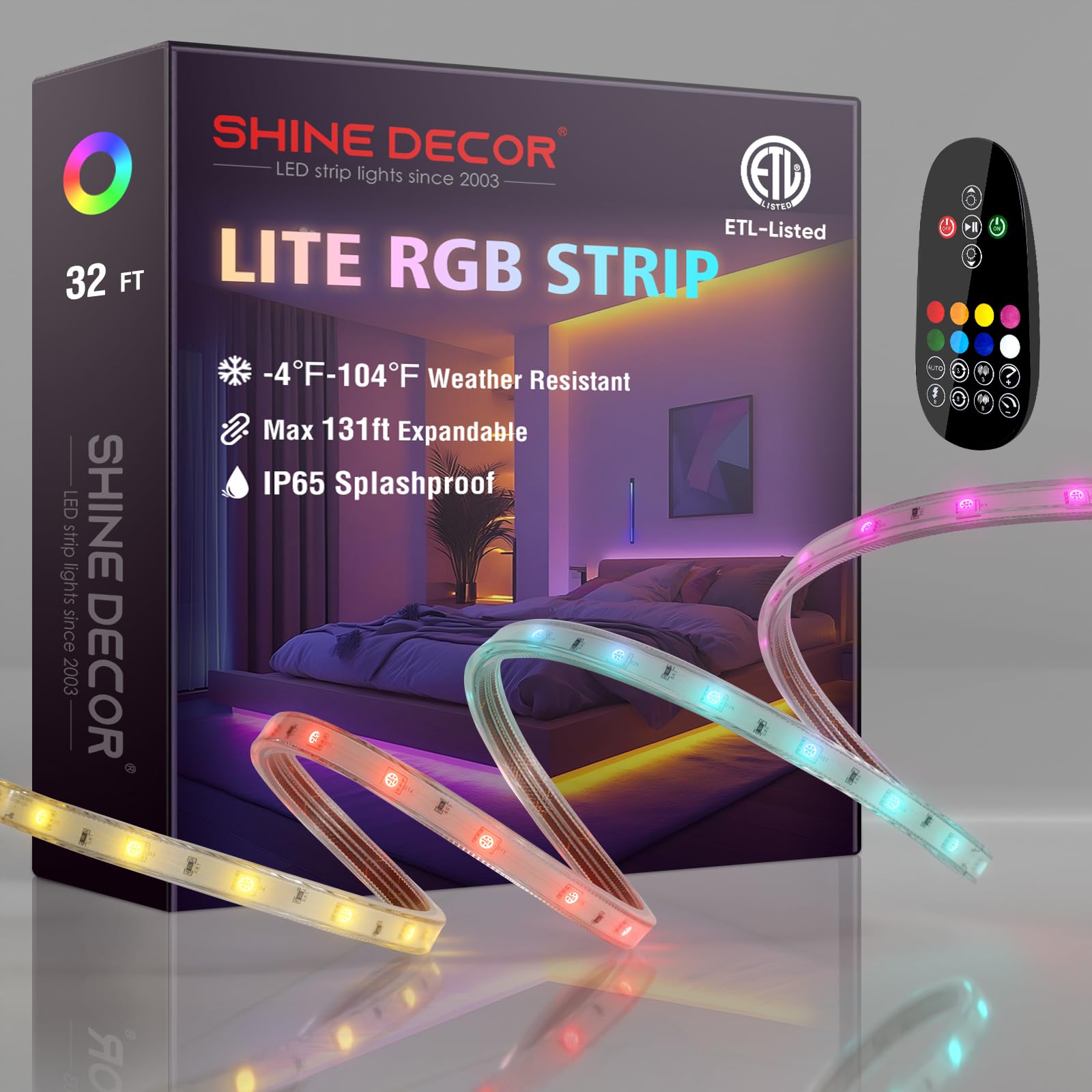 Shine Decor 120V RGB LED Strip Light Remote Control, Cold Resistant IP65 Waterproof Outdoor Strip Lighting Color Changing, Connectable Lite Multicolor Lighting Strip 7x13mm, 32 FT 300 LEDs ETL Listed
