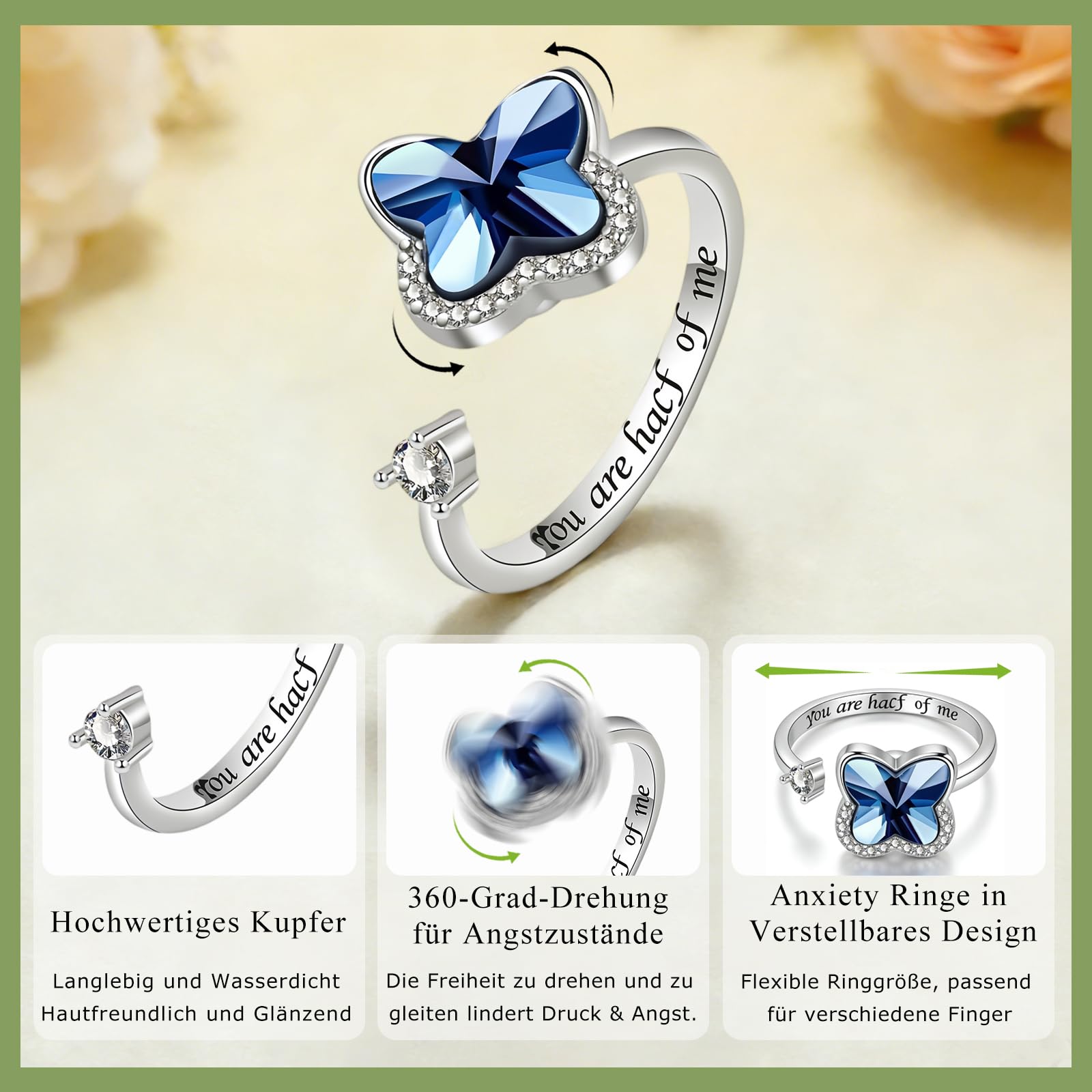 Silber Anxiety Ring mit drehbarem Design für Angst Damen Frauen Mädchen, Verstellbare Offener Anti-Stress Ringe, Spinner Fidget Ring gegen Angst, Stimmungsring Modeschmuck Geschenk