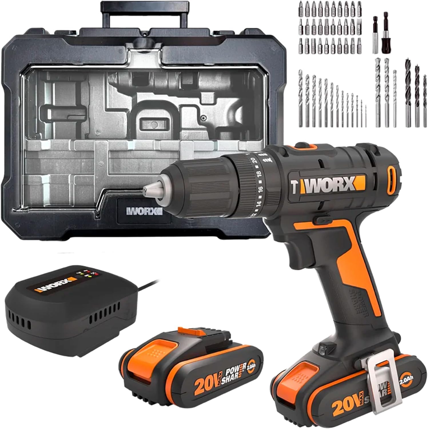 WORX - Taladro de percusión inalámbrico de 20 V WX370.2, 3 en 1, par máximo de 50 Nm, portabrocas de 13 mm (multimateriales, 2 velocidades, ligero y ergonómico, 2 bat x 2 Ah, cargador, 51 piezas