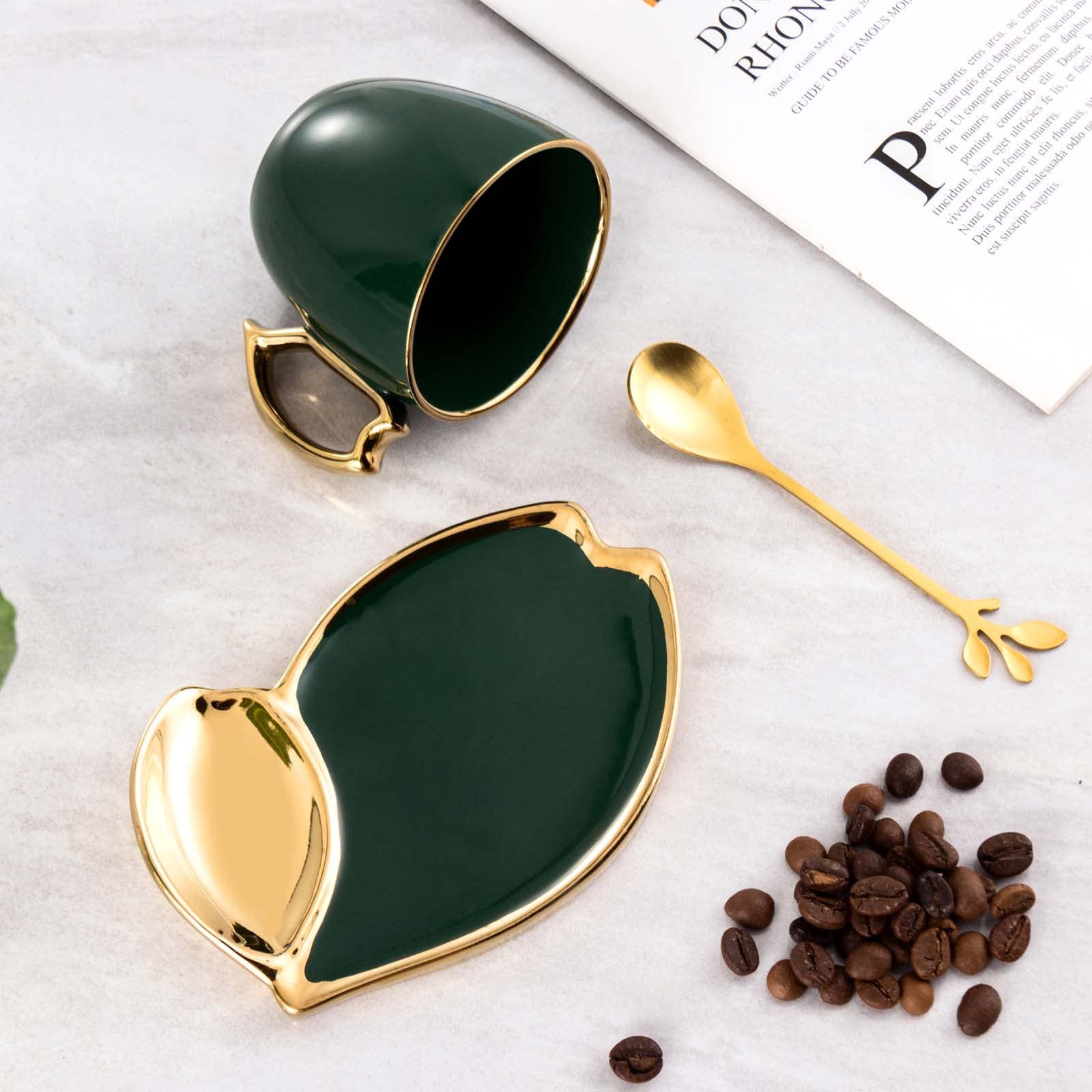 Ensemble de 2 tasses en porcelaine avec anse en forme de feuille, tasse à expresso avec soucoupes et cuillère – 165 ml/5,58 oz