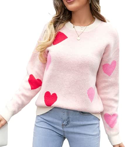 Women's Cute Heart Sweater Love Print Valentine Romantic Knitted Top