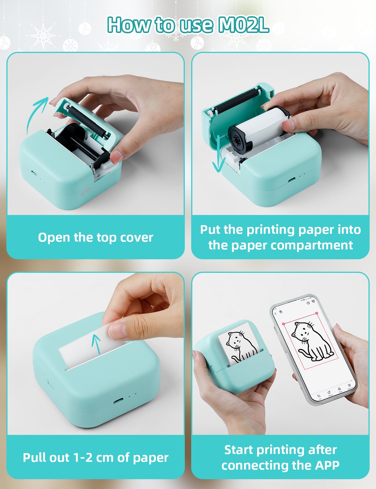 Memoking M02L Mini Bluetooth Thermal Printer Portable with 1 Roll Paper Green