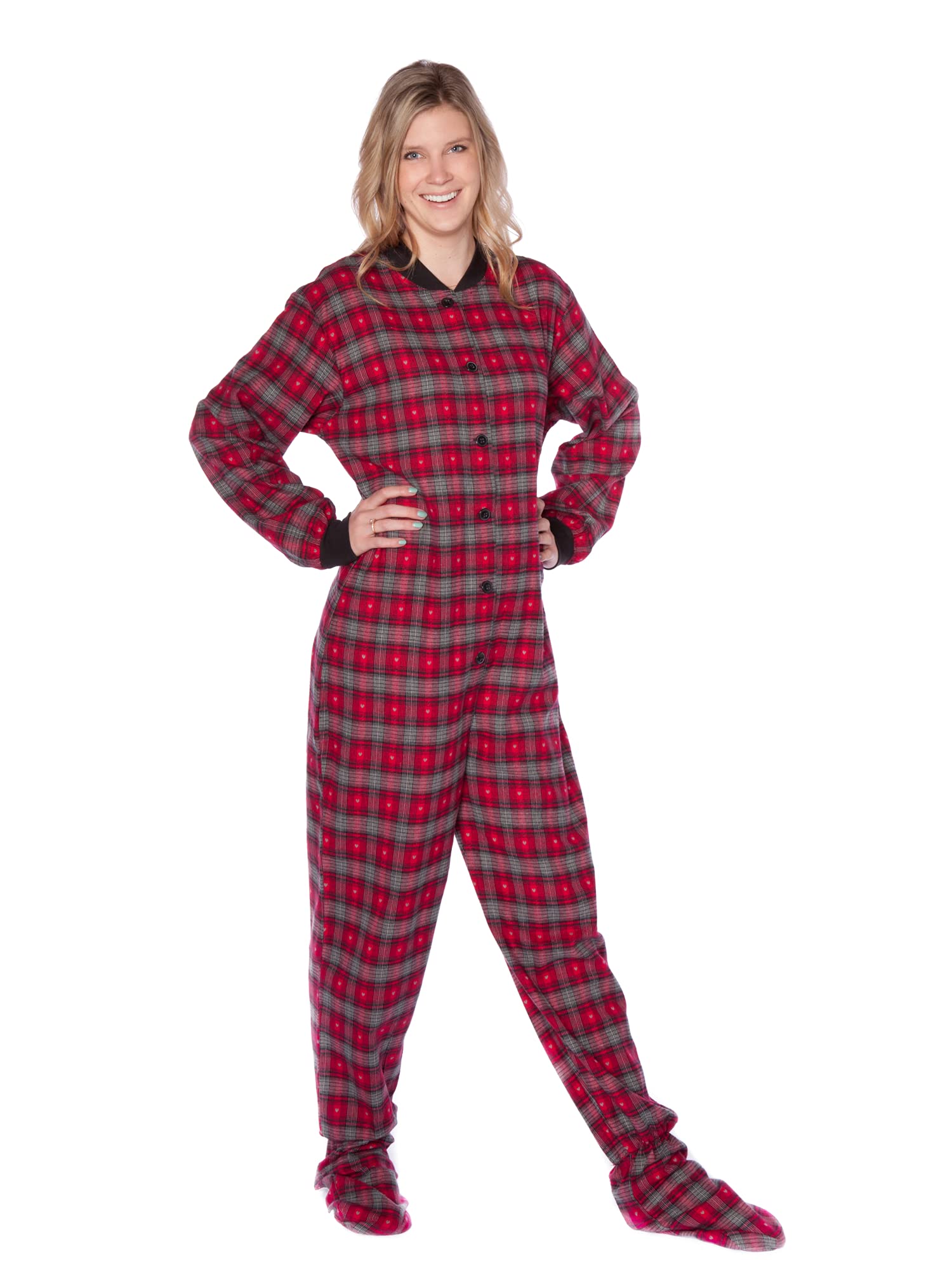 Big Feet Pajama Co. Men's Red & Grey One Piece Cotton Flannel Tartan Adult Footed Pajamas Onesie For & Wo