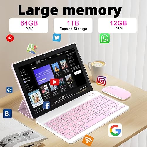 Miniatura 3 de Tablet Android 15, 10 pulgadas 12GB RAM+64GB ROM1TB Expand, Tabletas 2 en 1 con funda de teclado Mouse Stylus, procesador de cuatro núcleos de