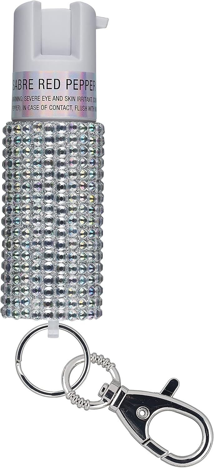 SABRE Jeweled Pepper Spray, Maximum Strength, Fashionable Monochromatic Design, Quick and Easy Access Snap-Clip for Secure Attachment, Protect Against Multiple Threats with up to 10 second spray time