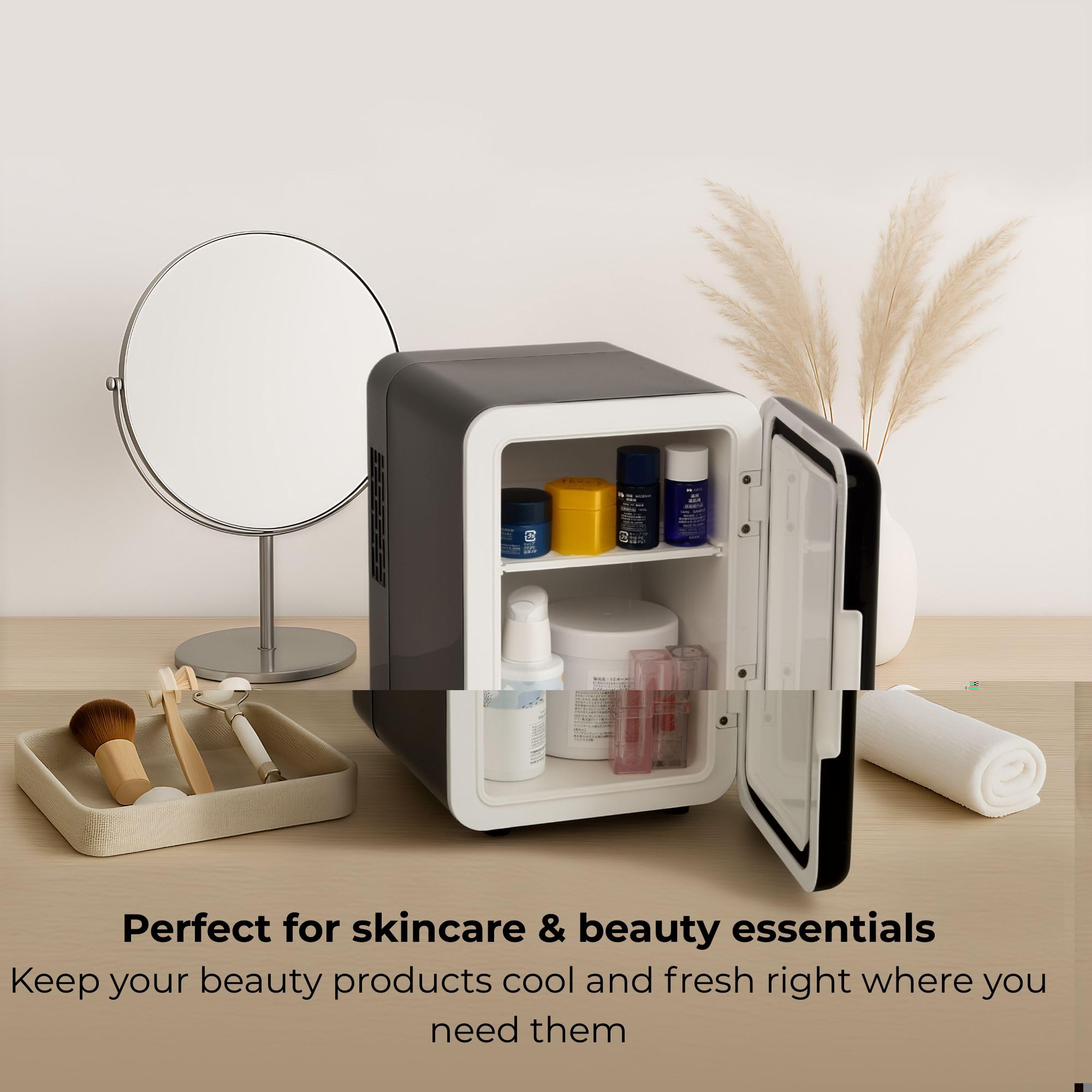 SLx Mini Fridge 4L, 6 Can Portable Fridge for Bedroom, Office, Car & Travel, Quiet 12V/AC/DC Cooler for Skincare, Cosmetics & Drinks (Black) — view 2