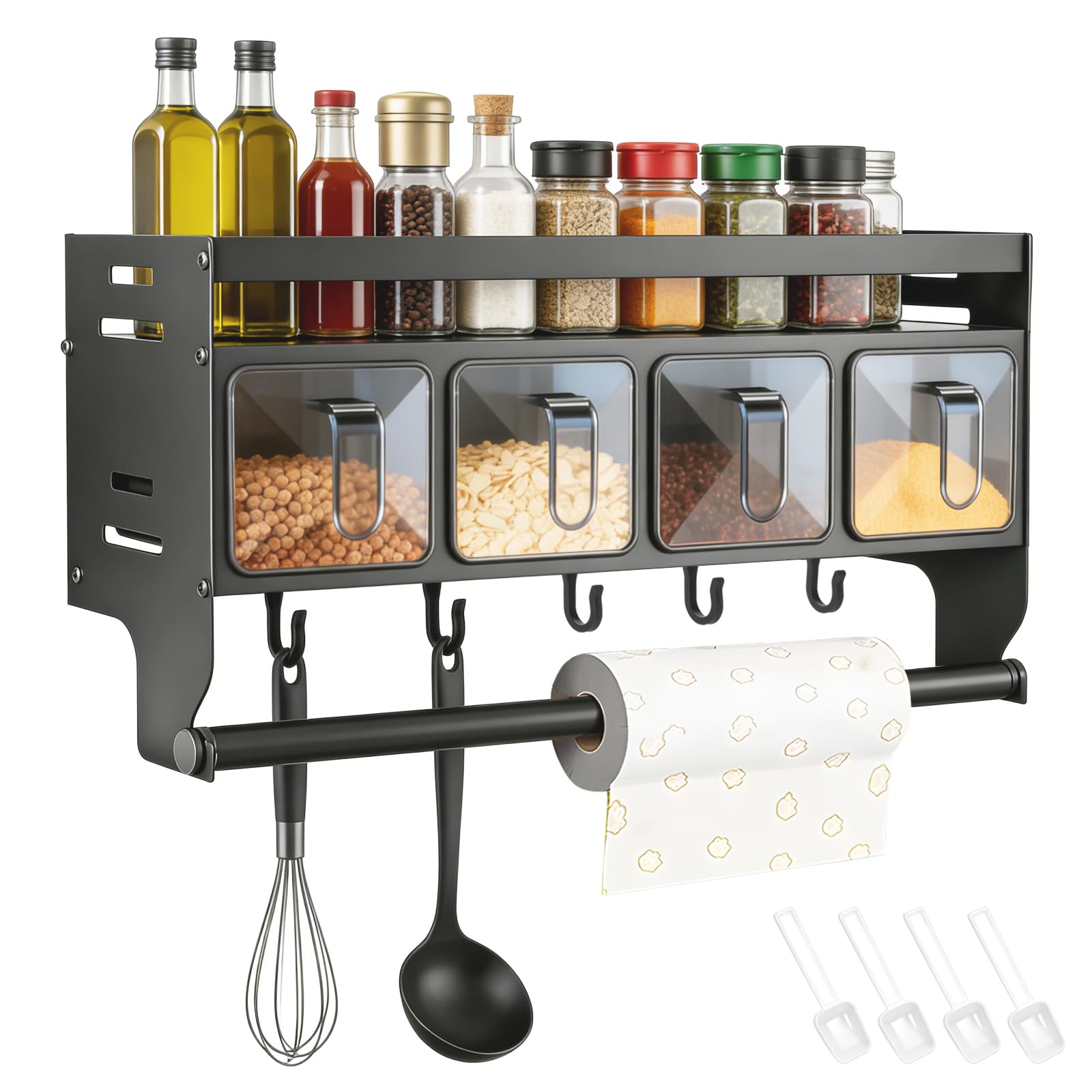 Porte-épices sans perçage, porte-épices pour cuisine à suspendre, avec porte-rouleau d'épices mural avec pots pour le stockage dans la cuisine d'épices,huile (avec 4 boîtes