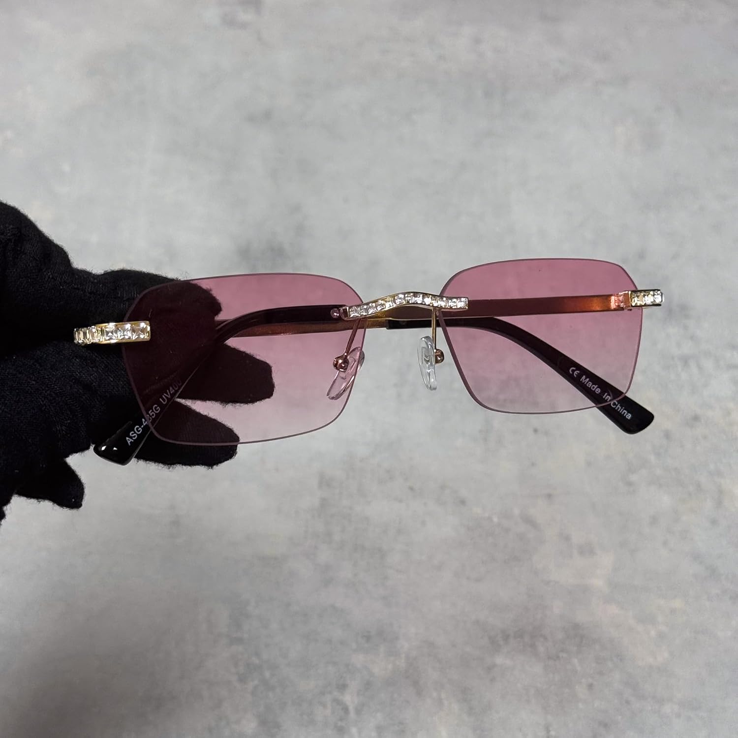 ICE STAR Luxury Rimless Sunglasses – Baguette Stone Arms, UV-Protected Lenses – Trendy Streetwear & Fashion Shades