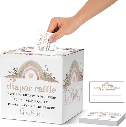 Boletos de rifa de pañales para baby shower, caja de tarjetas de baby shower con temática de arcoíris bohemio y tarjetas de consejos, suministros de