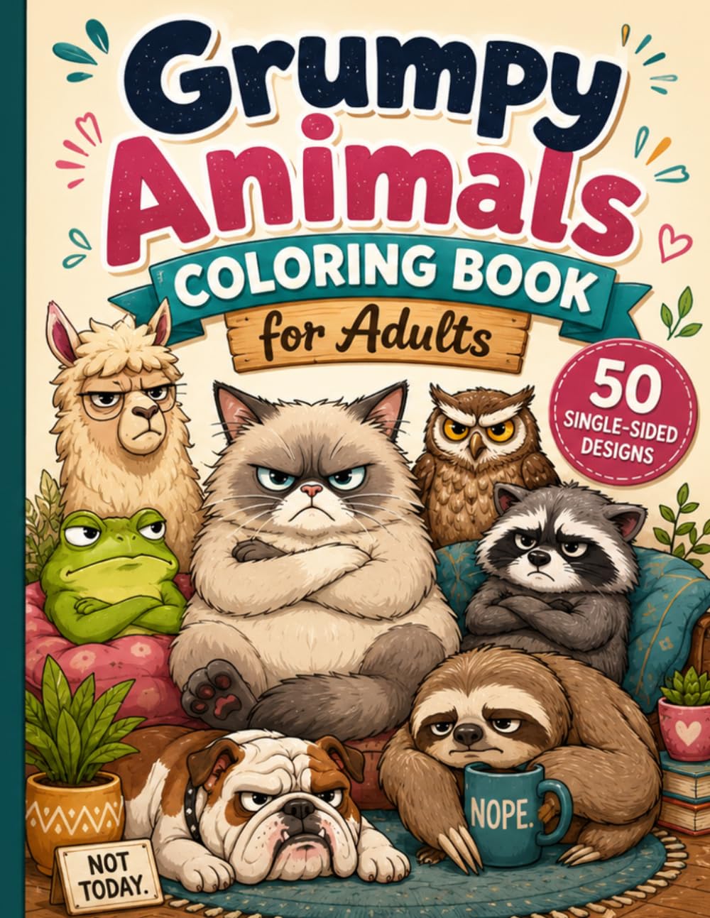 Grumpy Animals Coloring Book for Adults: 50 Single-Sided Funny Animal Coloring Pages with Annoyed Cats, Moody Frogs, Cheeky Raccoons and Grumpy Creatures