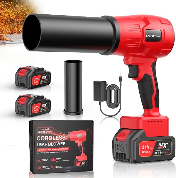 Soplador de hojas manual para cuidado del césped: soplador eléctrico con 2 baterías, 4.0 mAh, 21V, inalámbrico, como se ve en TV, mini turbo ligero, limpia polvo de laptop, rojo y negro