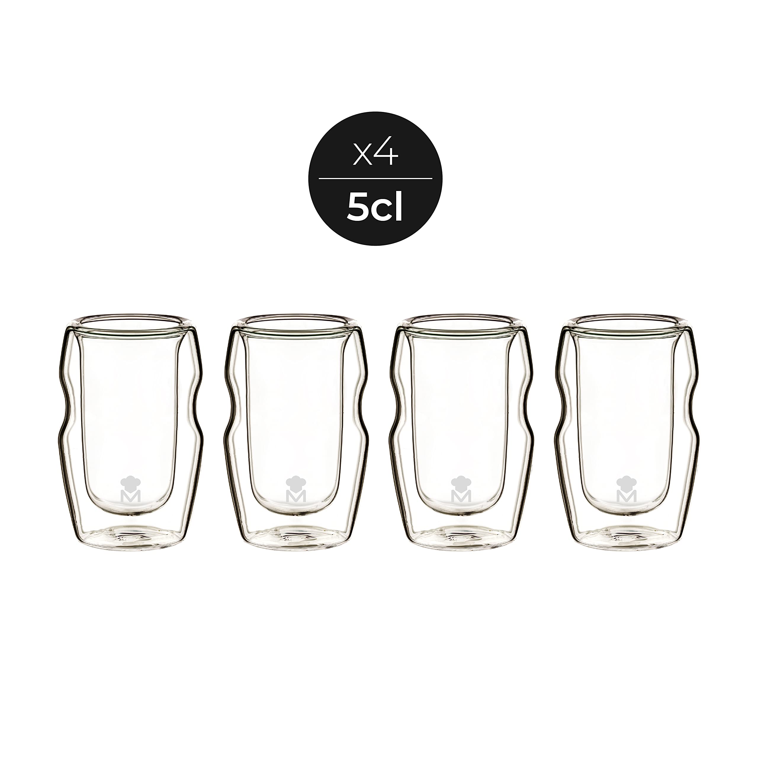 MasterPro Mixology - Zestaw 4 szklanek alkoholu 50 ml wykonany z borokrzemu, Przezroczysty, odporny na nagłe zmiany temperatury, Podwójny kryształ, nadaje się do zmywarki, Beztoksyczny