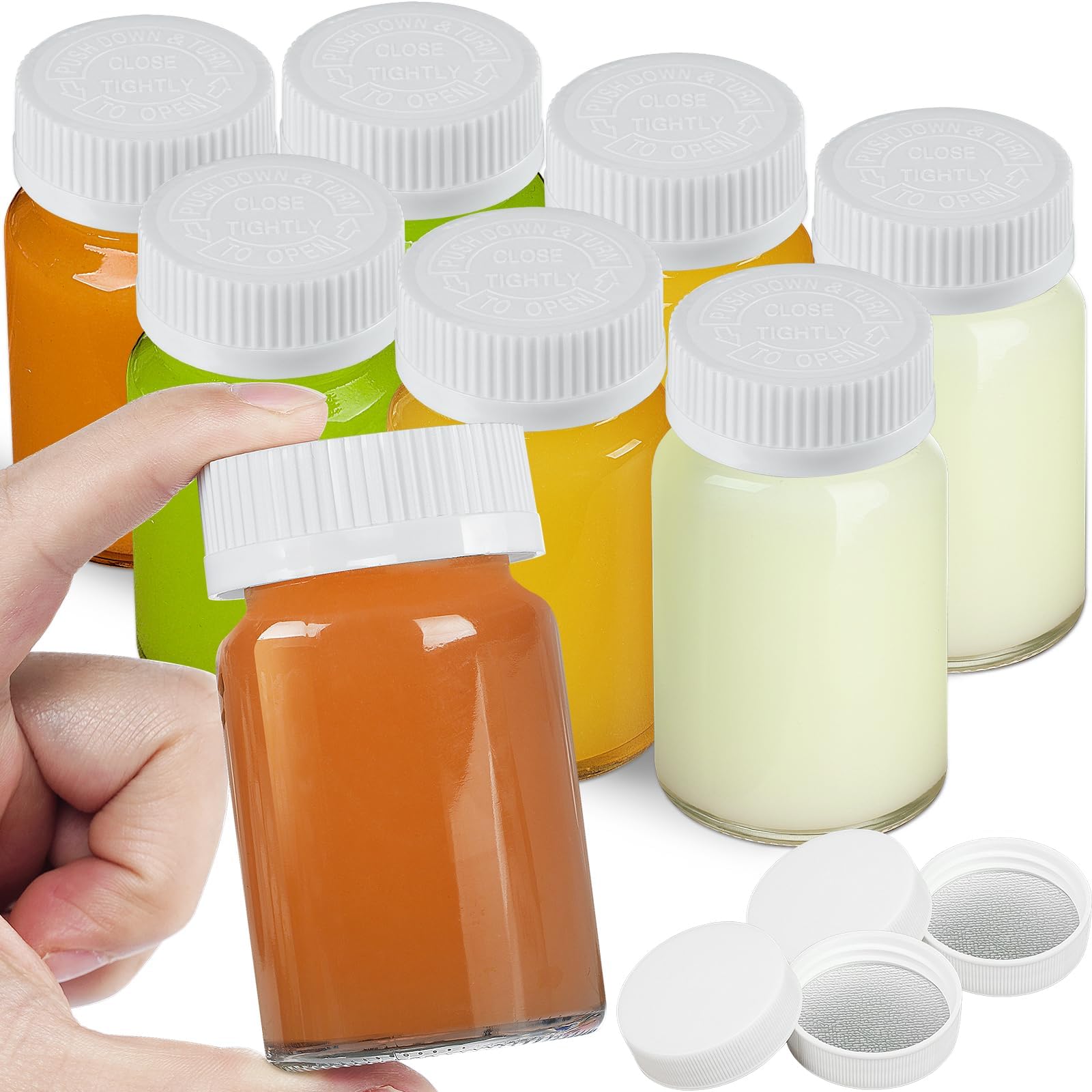 Syntic Juice Shot Bottles Set 2.5 Oz, Glass Ginger Shot Bottles for Juicing, Beverage, with Press Screw Cap, Reusable, Leak Proof and Dishwasher Safe, 8 Pack