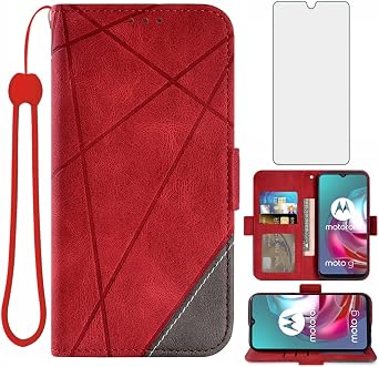 Compatible with Moto G30/G20/G10/10 Power 2021 Wallet Case and Tempered Glass Screen Protector Flip Cover Card Holder Stand Cell Phone Cases for MotoG30 MotoG20 MotoG10 Motorola G 30 20 G10Power Red