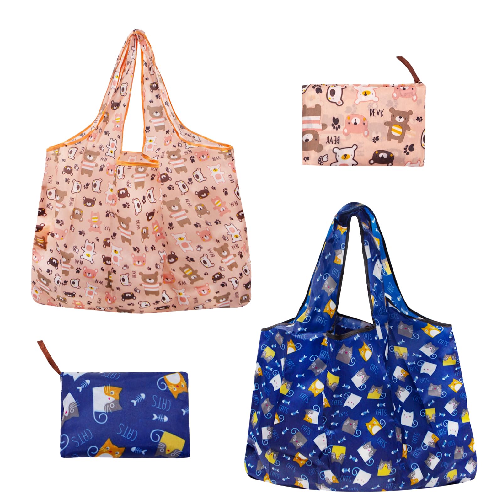 Long Keeper 2 Pcs Foldable Shopping Bag Drawstring Reusable Grocery Bags Large Washable Portable Folding Tote Bag in Pouch for Daily Shopping Travel Household (2, Blue Kitten + Pink Bear)