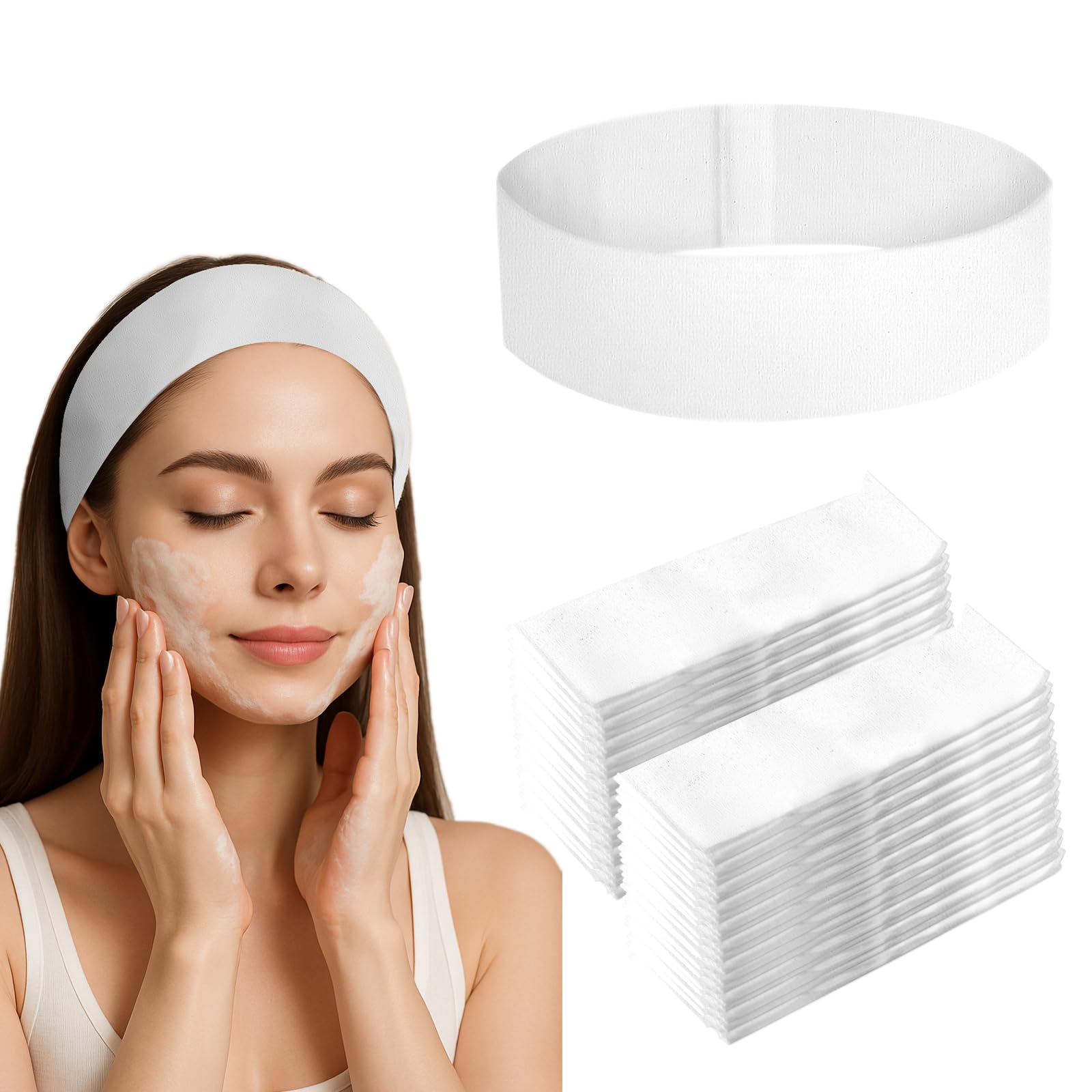 Meifuly 100PCS Disposable Headband for Women, Soft & Stretchy Non-woven Fabric Spa Hairband for Makeup, Washing Face, Esthetician Salon Supplies,