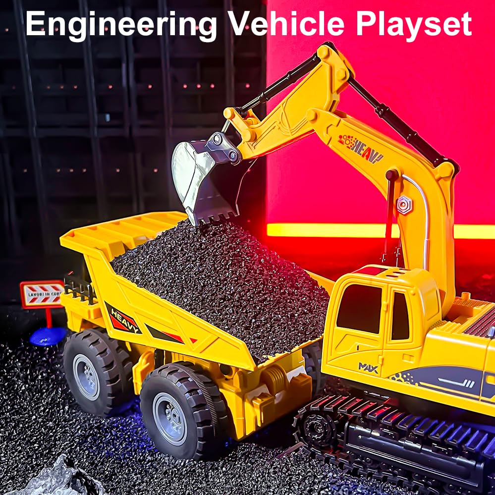 Excavadora RC y camión volquete de juguete para niños, 2.4Ghz 11 canales control remoto vehículo de construcción con luz, sonido, música y demostración automática, regalos de cumpleaños de Navidad 3