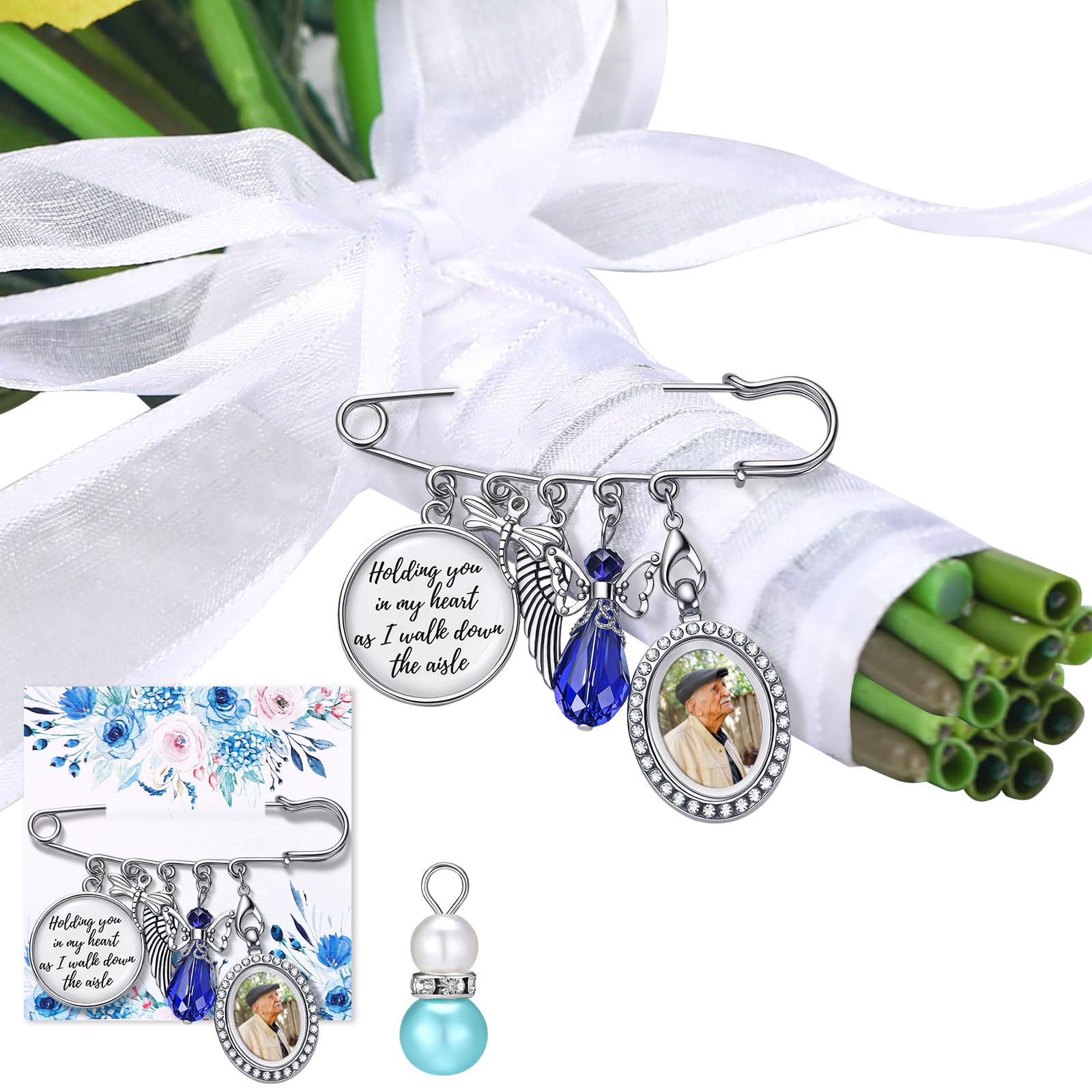 Wedding Memorial Bouquet Charm Bridal Blue for Wedding Bride Shower Gift Angel Memorial Photo Charm I Walk Beside You Everyday for Bridal Party-image-31