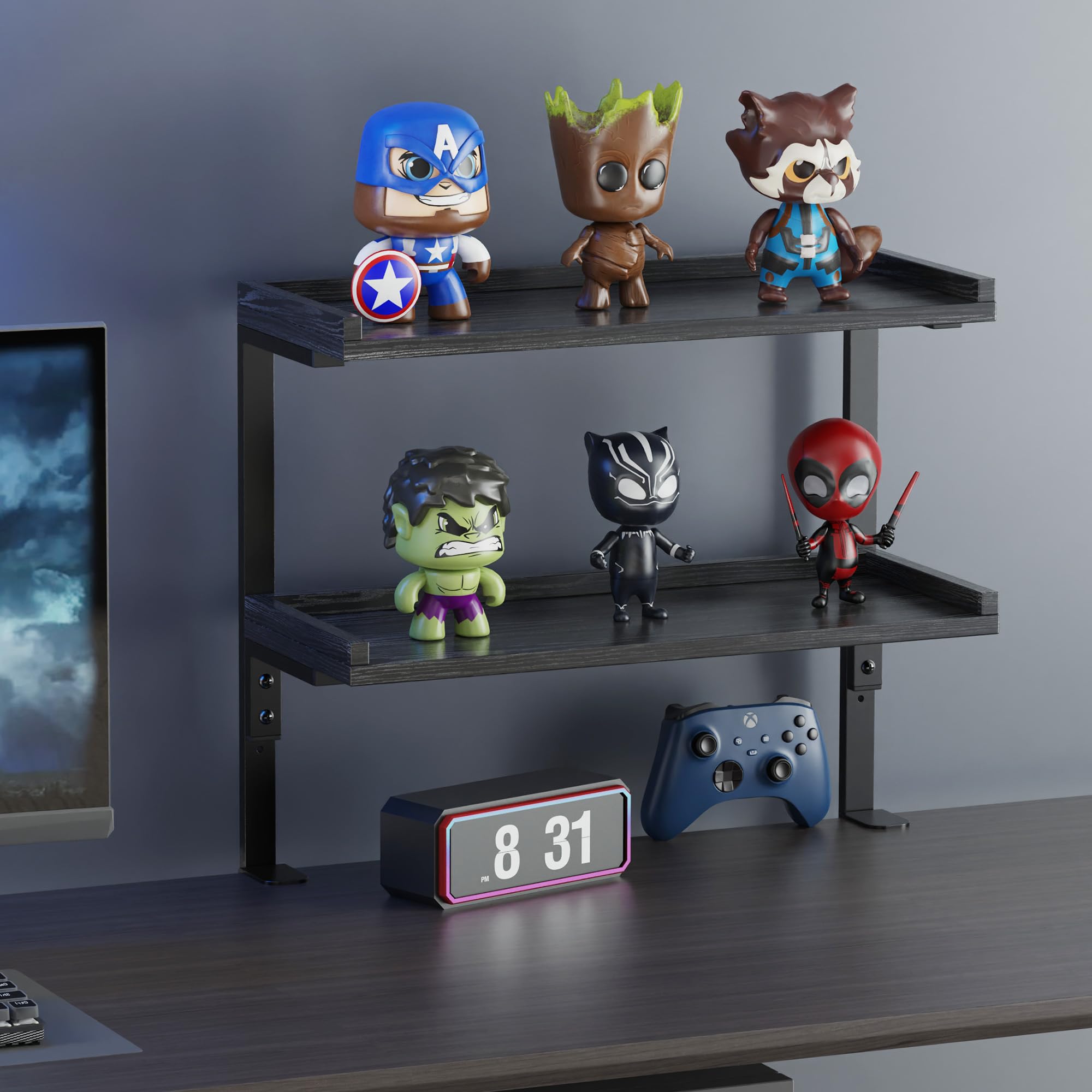THYGIFTREE Mensola da Scrivania in Legno a 2 Livelli, Lungo 31.8 cm Scaffale da Scrivania per la Parte Superiore e Inferiore, Organizer per Accessori, Ufficio e Gaming (Nero)