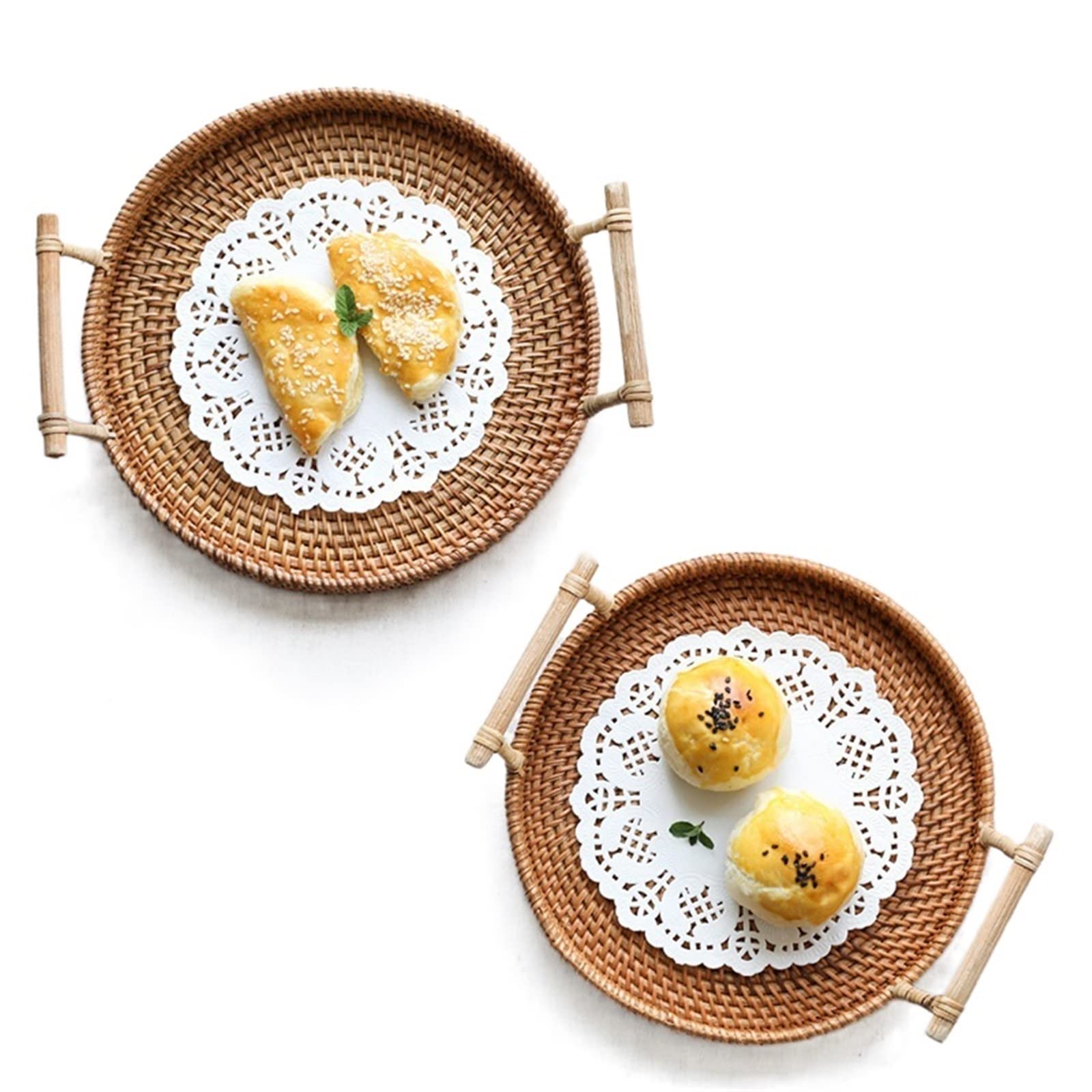 JINGYAN Breakfast Trays Rattan Handwoven Round Storage Tray Handle Fruit Basket Plate Serving For Bread Food Snack Cake Platter Dinner(Small)