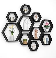 Vista 9 de WONFUlity - Estantes flotantes hexagonales, estantes de panal de madera estilo granja para almacenamiento, para baño, cocina, dormitorio, sala