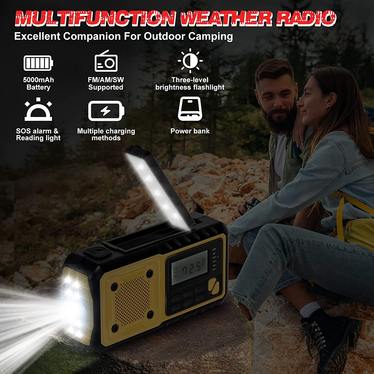 Radio Solaire Portable Urgence Météo 5000 mAh Manivelle FM/AM/SW Dynamo avec Lampe LED Alarme SOS USB Écran LCD Charge de Téléphone Prise d'Écouteur pour Randonnée Camping