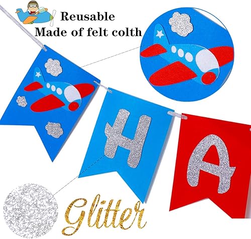 Miniatura 3 de Cartel de cumpleaños de avión y decoración de guirnalda para aviador, aviación, fiesta temática de cumpleaños, pancarta de fieltro con purpurina y