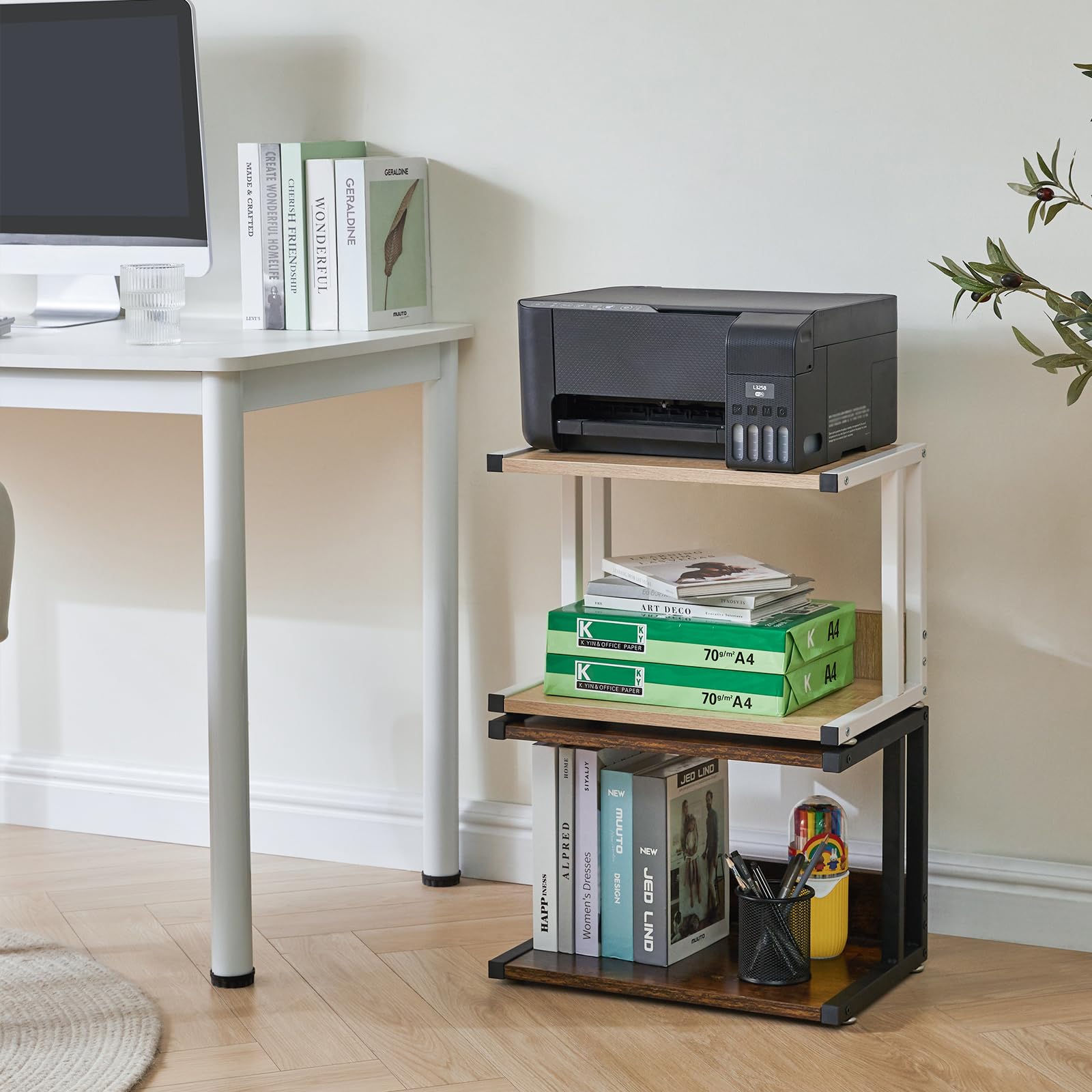 IBUYKE TLJ007R Support d'imprimante à 2 Niveaux pour imprimante, Bureau Mobile avec 4 Roues, pour imprimante, fax, Bureau à Domicile TLJ007R