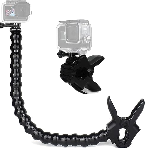 FiTSTILL Soporte de abrazadera flexible de mandíbulas con cuello de cisne ajustable 19 secciones compatible con Go Pro Hero 13, 12, 11, 10, 9, 8, 7,