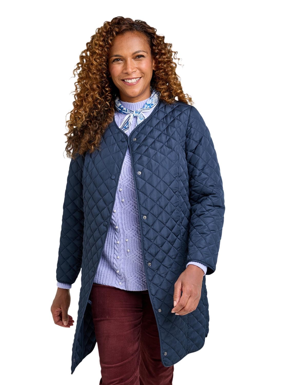 Amber Women's Navy Longline Lightly Quilted Collarless Jacket With Popper Fastenings And Pockets 16
