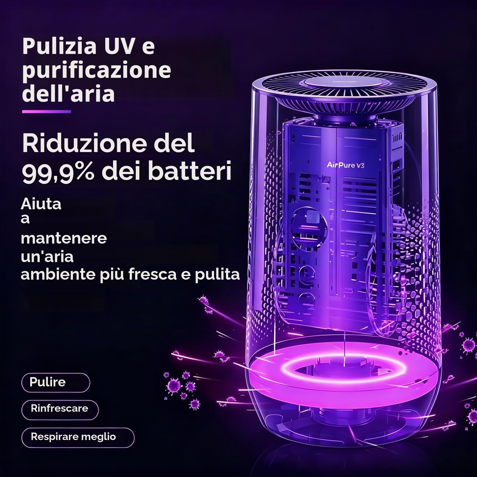 Seladi AirPure V3 - Refrigeratore d'aria 3 in 1, purificatore UV e ionizzatore, 620 l/s, ventilatore a torre con oscillazione a 90°, con telecomando, a risparmio energetico (oro)