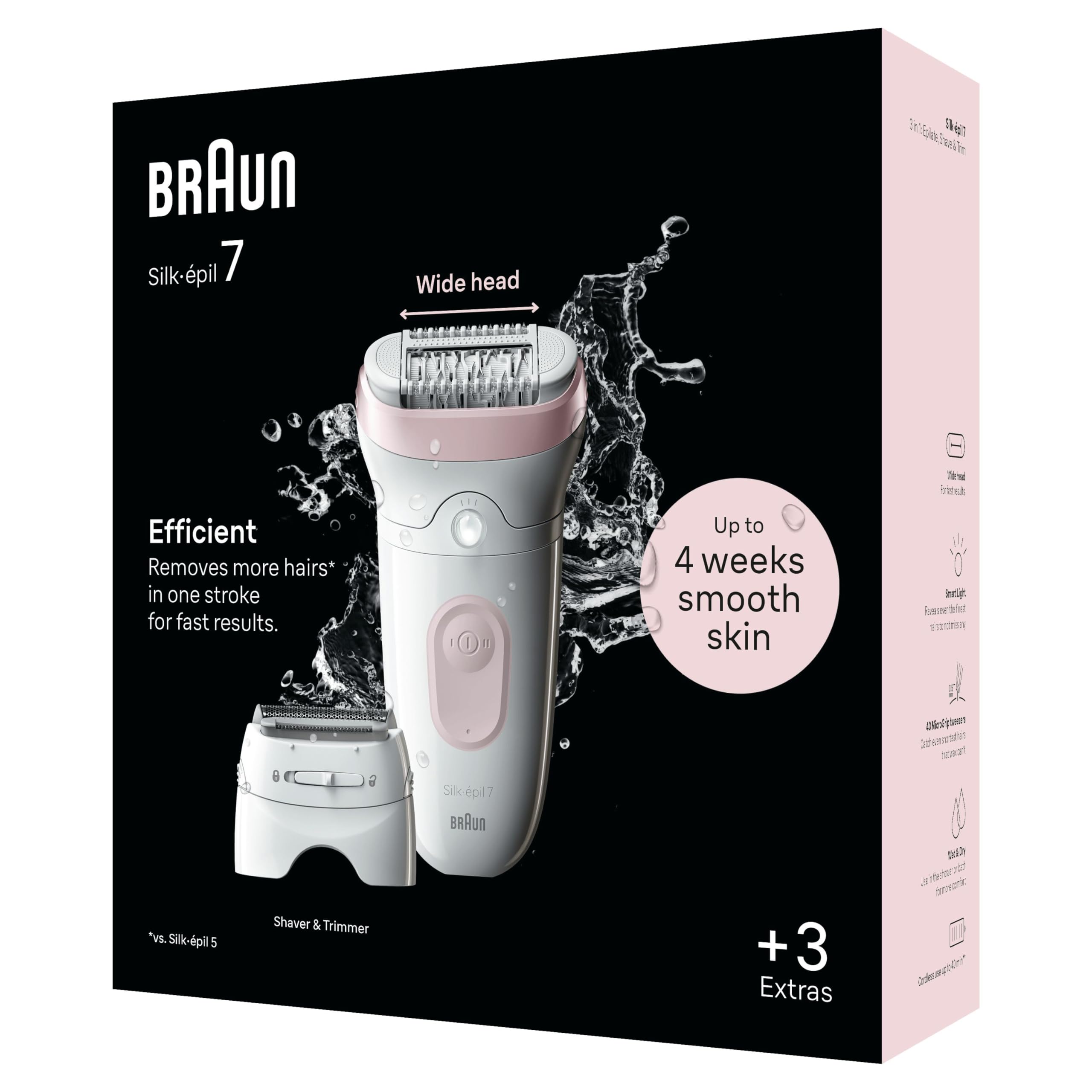 Braun Silk-épil 7 Depilatore Donna, Epilatore Elettrico Donna Con Testina Ampia Per Una Epilazione Semplice, Wet & Dry, Con Testina Per Rasoio Donna, 7-030, Bianco/Rosa