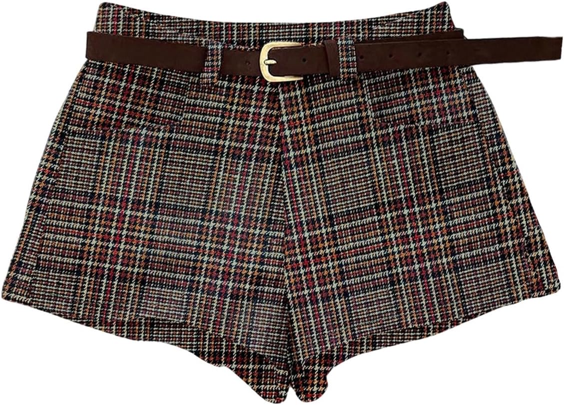 MakeMeChic Women's Plaid Dressy Shorts Business Houndstooth Mini Shorts with Belt