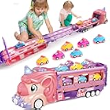 Toddler Unicorn Truck & Cars Toys for 2 3 4 5 6 7 Year Old Girl Birthday Gift, 2 Player Deformating Race Track Game, Princess Push Transport Truck and 6 Cars with Lights & Sound for Kids