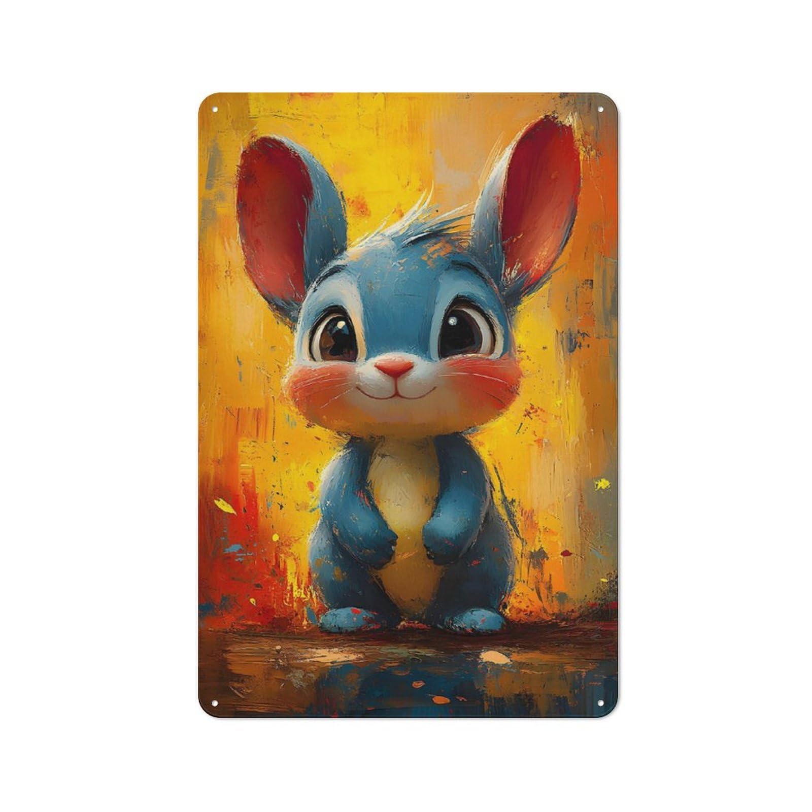 Junmoney Cute Blue Bunny Painting Vintage Decorative Metal Plaque 30X20cm, Garden Room Wall Plaque For Shed, Garden Room, Porch Or Garage