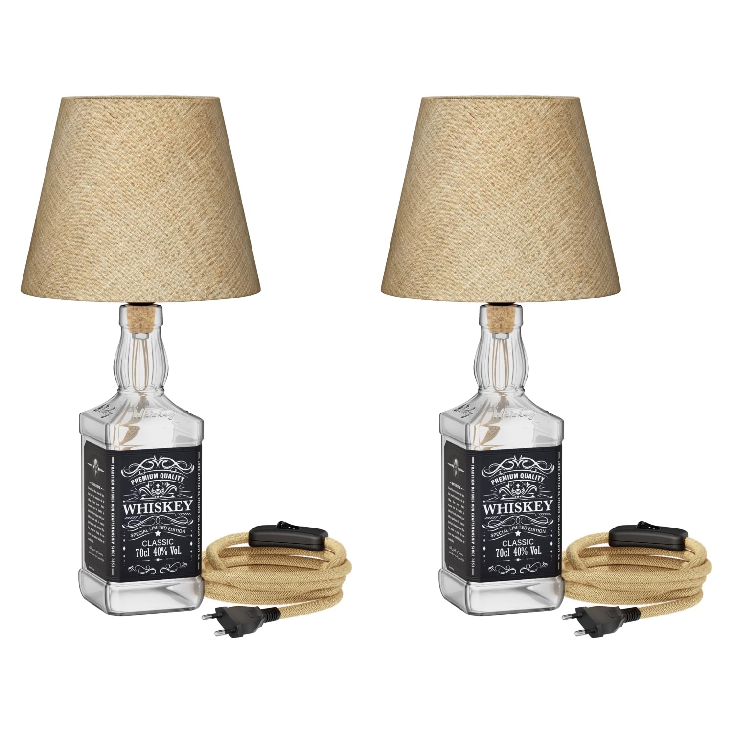 ledscom.de 2x Tischlampe FLAKO, Schalter, Bakelit, Hanfkabel, Lampenschirm natur-beige, 1x E27 max. 60W, ohne Flasche, ohne Leuchtmittel