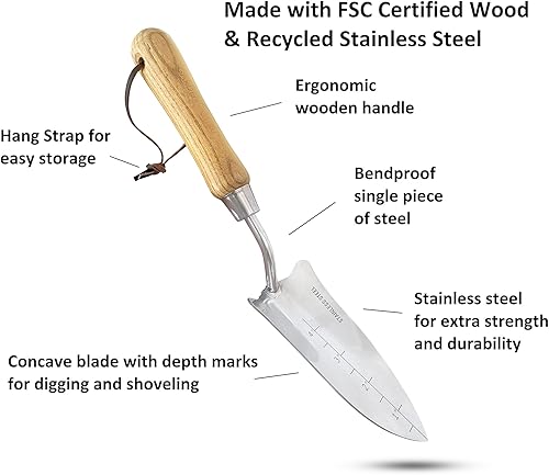 Miniatura 2 de Garden Guru - Paleta para trasplantadora ecológica, acero inoxidable 100% reciclado, resistente a la corrosión, mango ergonómico de madera