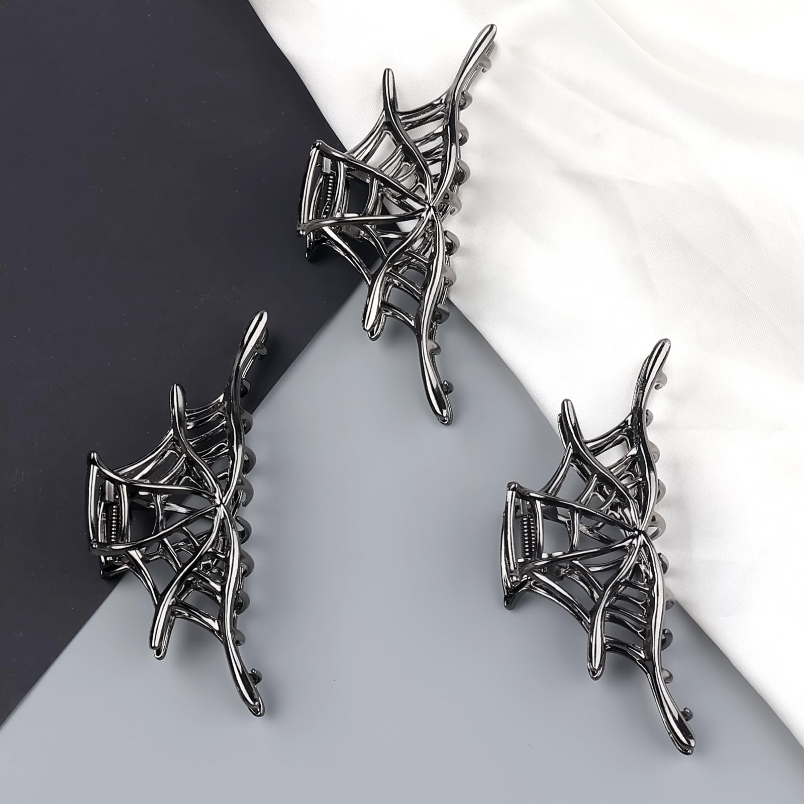 3 fermagli per capelli neri gotici grandi, per Halloween, in metallo, con design a ragnatela punk, in acrilico, antiscivolo, per acconciature spesse e sottili