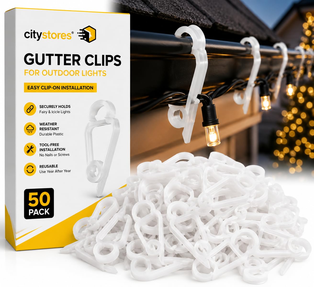 Citystores White Citystores® 50 Gutter Clips For Outdoor Christmas Fairy & Icicle Lights – Universal Hanging Hooks For Roof Gutters, Garden & Festive Decorations