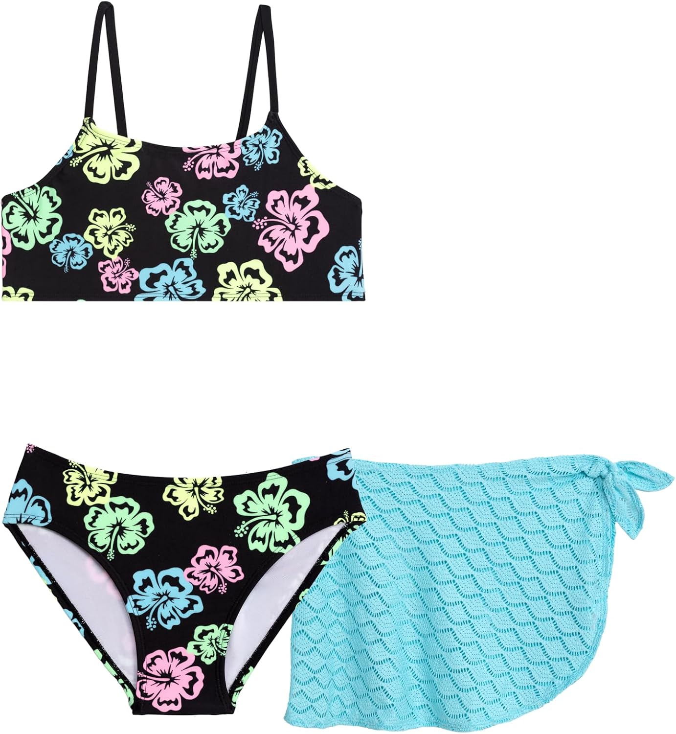 Aqua Green Girls' Bikini with Crochet Sarong Coverup Skirt 3-piece Set