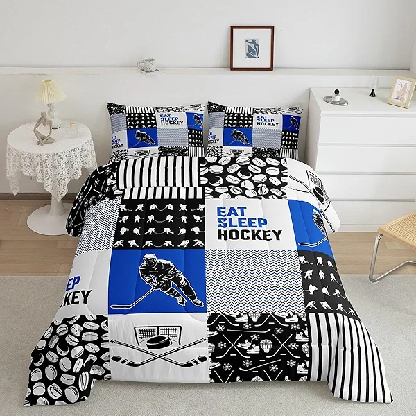 Erosebridal Ice Hockey Queen Comforter Set, Kids Teens Bedding, Hockey Puck Quilt, Winter Sports Duvet with 2 Pillowcases